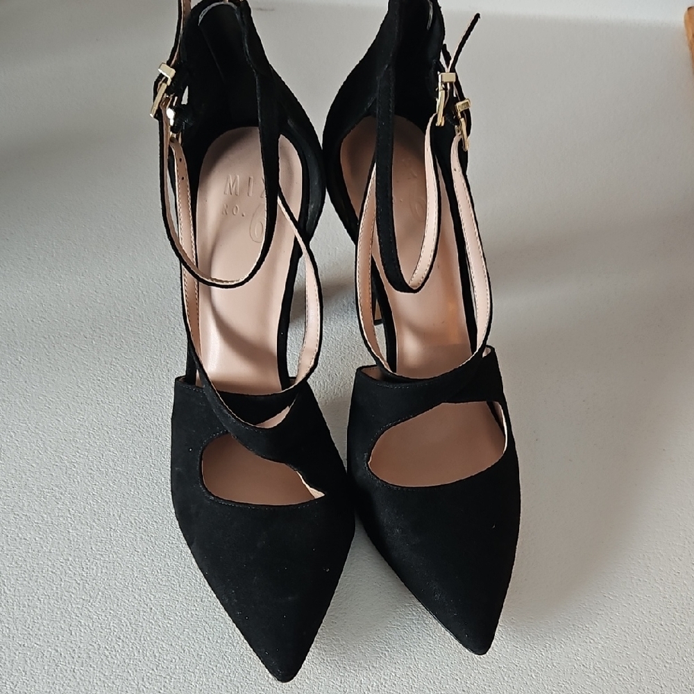 Mix No. 6 Black Suede Pointed Toe Ankle Strap Heels